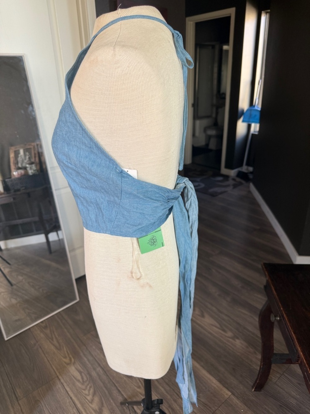 Flying Tomato Light Blue High-Neck Denim-Look Crop Top with long ties one size - Picture 5 of 8